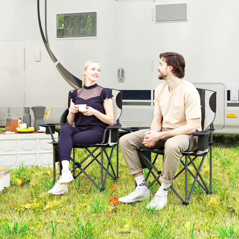 Outsunny Set van 2 Opvouwbare Campingstoelen met Armleuningen, Bekerhouder, Hoofdsteun, Koeltas Zwart