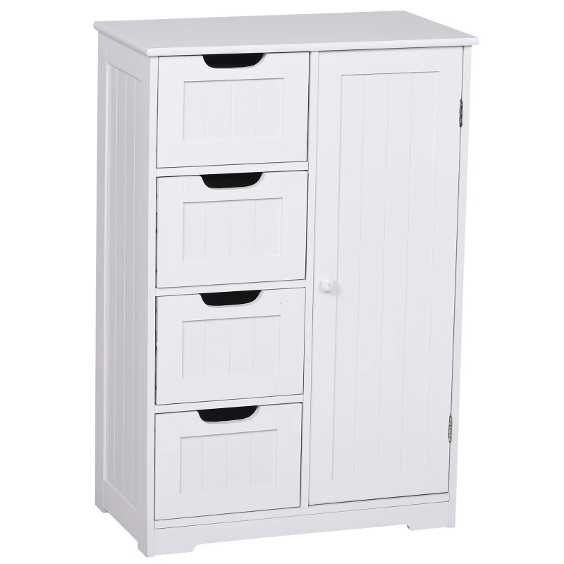 Meuble de salle de bain avec 4 tiroirs et 1 armoire Étagère réglable à 3 hauteurs Peinture écologique Anti-basculement en MDF Blanc 56x30x83cm