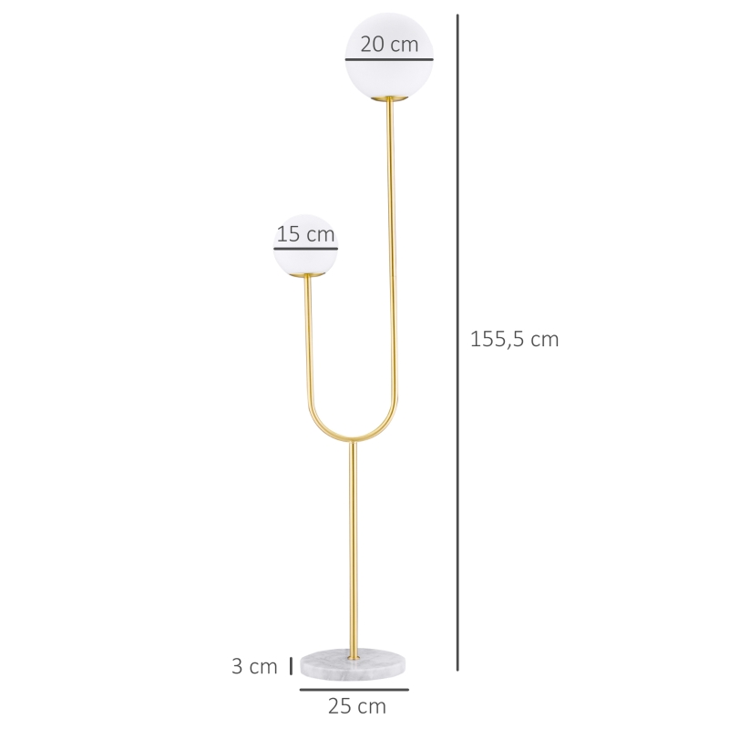 HOMCOM Lampara de Pie de Metal Lampara de Pie para Salón Dorado con 2 Pantallas de Globo de Vidrio Esmerilado - 25W - 33x25x155,5 cm