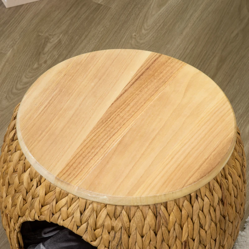 Pawhut Grotta per Gatti in Erba d'Acqua, Cuscino Lavabile, 44 cm x 43 cm x 42 cm, Marrone chiaro+Legno naturale+Grigio