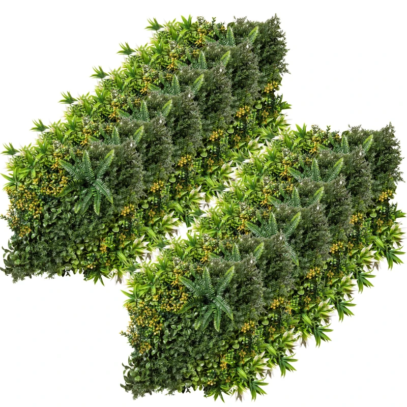 Outsunny Set de 12 Setos Artificiales Pared de Plantas 50x50 cm Protección UV Seto Multi-hoja Decoración Exterior de Jardín