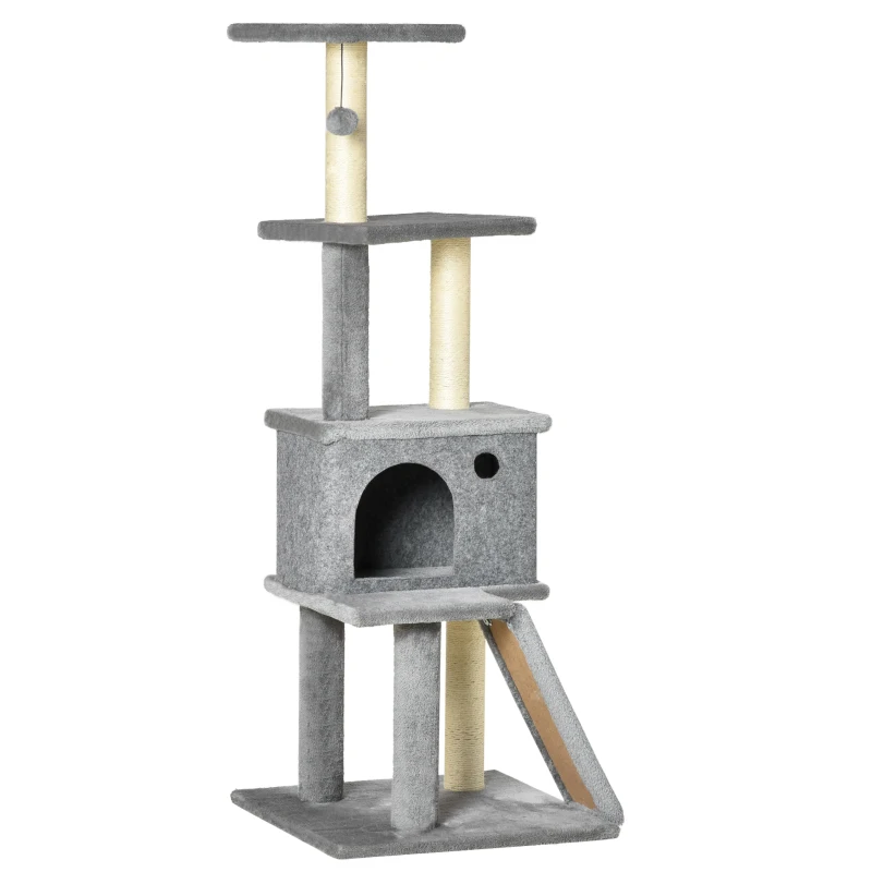 PawHut Árbol Rascador para Gatos con Caseta, Plataformas, Bola Colgante Altura 125 cm Gris