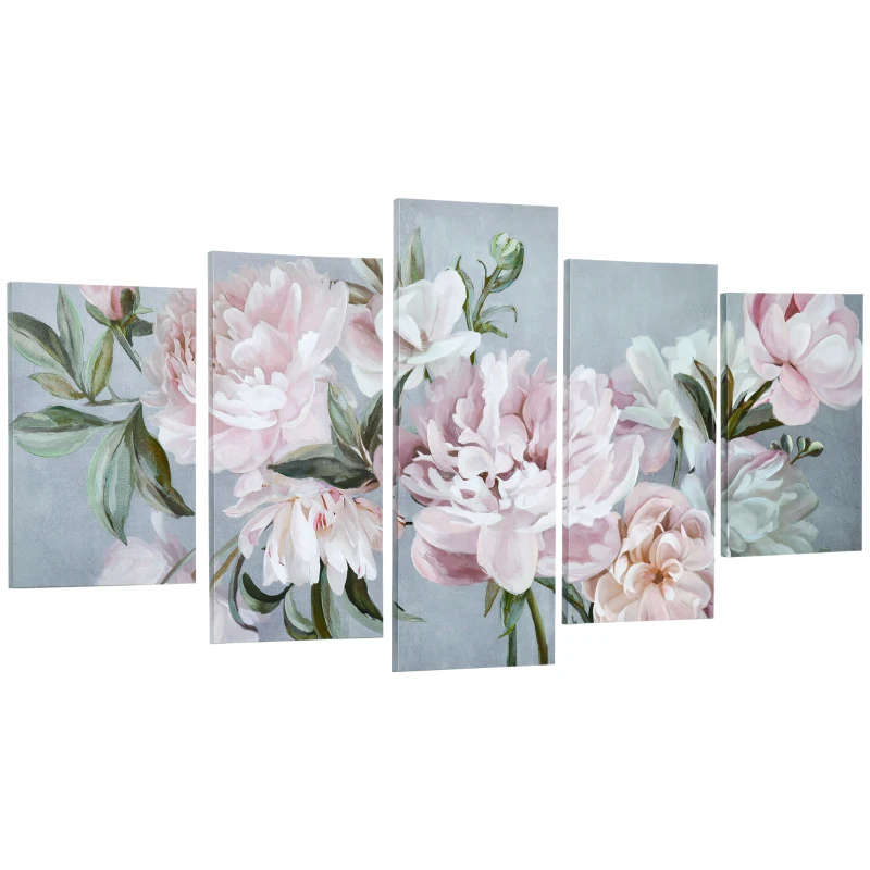 HOMCOM Impression sur Toile avec Pivoines, 5 Pièces pour Maison et Bureau, Toile en Bois de Pin et Peinture à l'Eau, 200x100cm, Multicolore