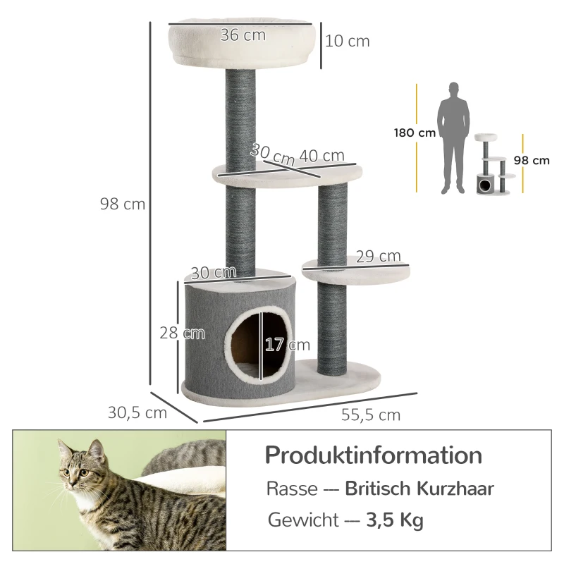 PawHut Arbre à Chat avec 1 Cachette pour Chat, 1 Lit pour Chat, 2 Plateformes, Poteaux en Corde de Jute, Blanc + Gris