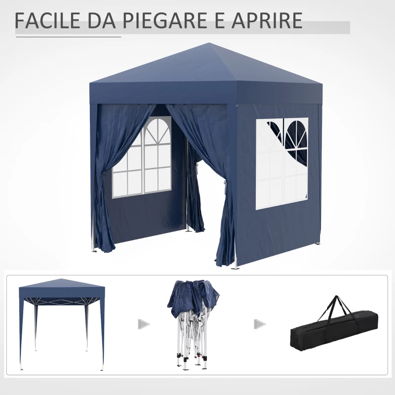 Outsunny Gazebo Pieghevole Pop Up 2x2 m con 4 Pareti Rimovibili in Poliestere e Acciaio, Blu