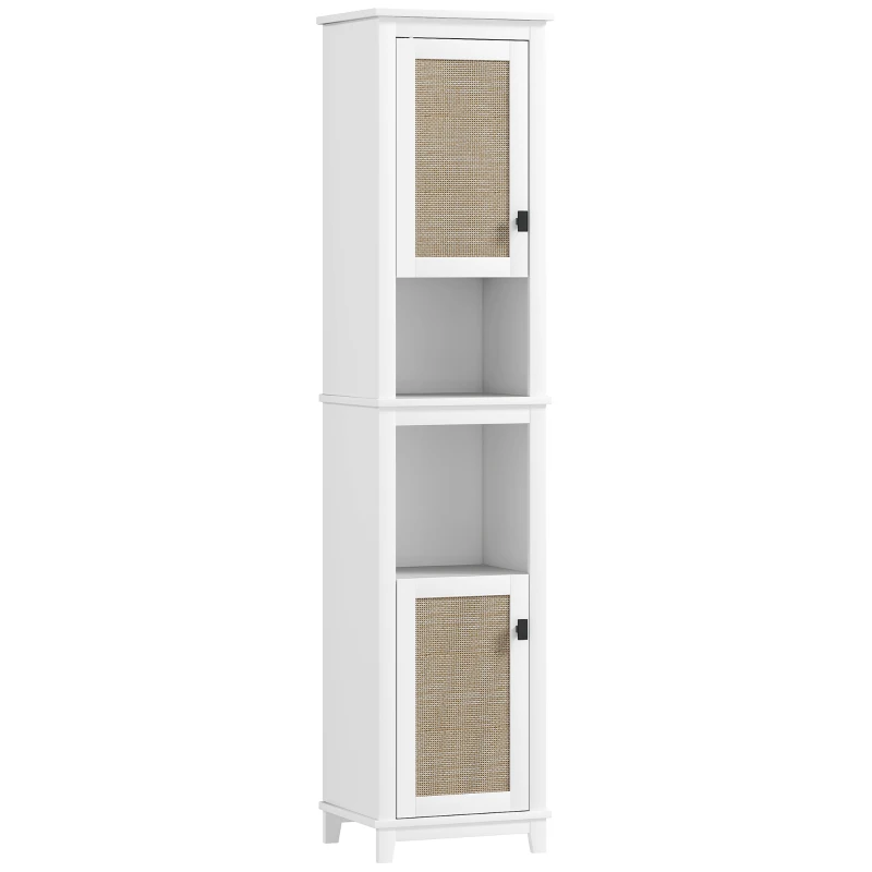 HOMCOM Colonna da Bagno con Ripiani Regolabili 2 Porte con Frontale in Rattan e 2 Compartimenti 40x30x167,5 cm Bianco