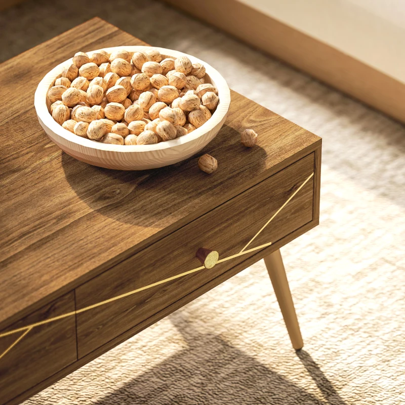 HOMCOM Tavolino da Salotto, Tavolino Rettangolare, Ampio Piano, 2 Cassetti, Piedi Affusolati, 100 x 50 x 41 cm, Marrone