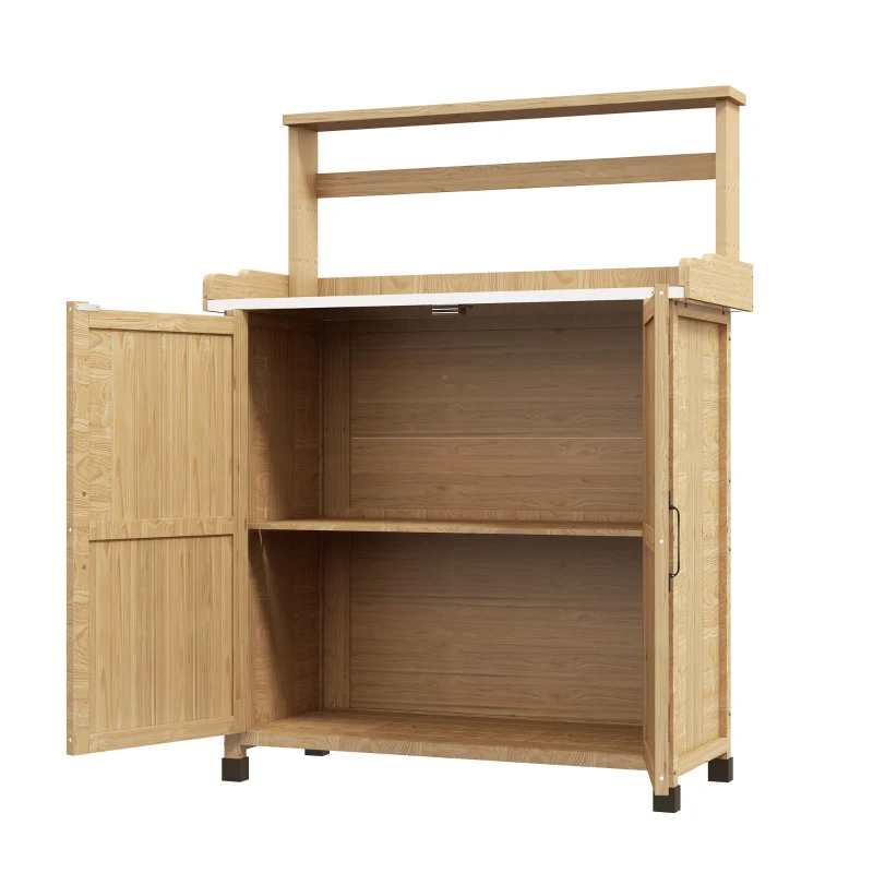 Outsunny Tavolo da Giardino con Armadio e Scaffali con Piedini Antiscivolo in Legno di Abete, Giallo