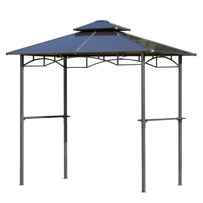 Outsunny Toldo de jardín 2,4x1,5 m - abrigo para barbacoa tipo steakhouse con 2 estantes, techo de barbacoa aluminio y metal Negro