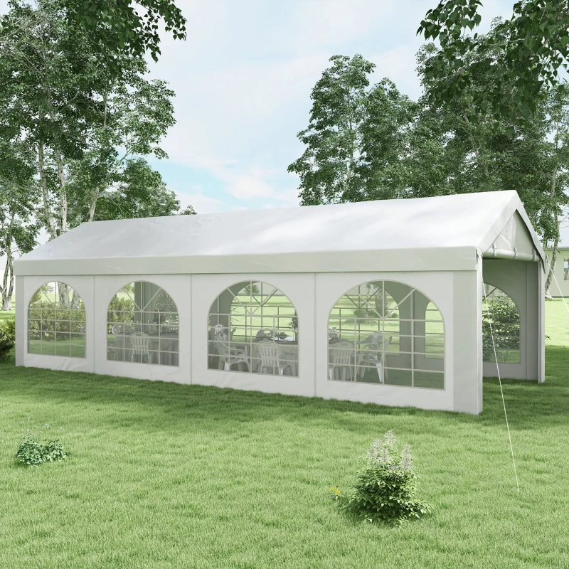 Outsunny Gazebo da Ricevimento, Tendone, Padiglione 8 x 3 m con 8 Grandi Finestre e 2 Porte, 24m², Bianco