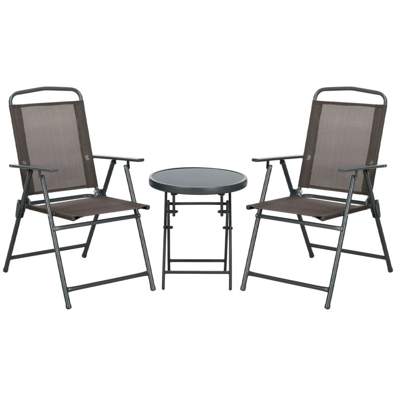 Outsunny Ensemble Bistro 3 pièces en Métal Résistant aux Intempéries Set de Mobilier de Jardin avec Table Pliante en Verre Chaises Marron