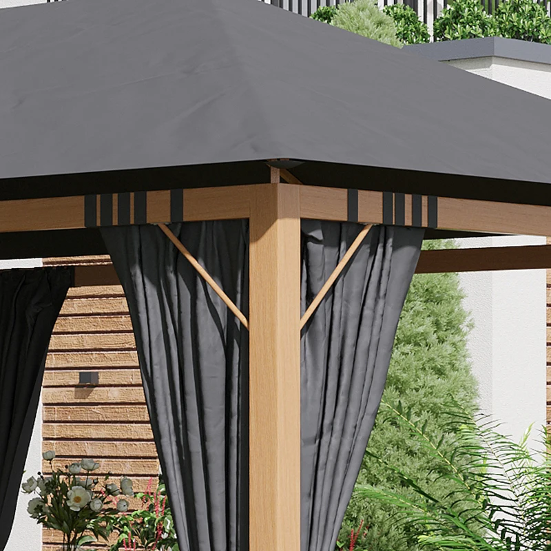 Outsunny Pérgola de jardín rectangular con cortinas y tela de techo de poliéster 4x3 m - estructura de aluminio