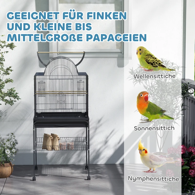 PawHut Cage à Oiseaux pour Canaris & Perruches, mobile, avec étagère inférieure, grille en métal, Noir