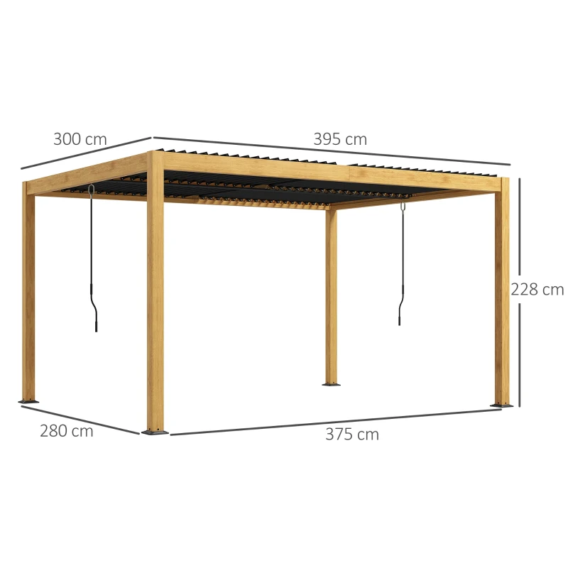 Outsunny Pérgola 3x4 m bioclimática cenador con lamas orientables manivela, estilo contemporáneo, aluminio - Negro y Natural