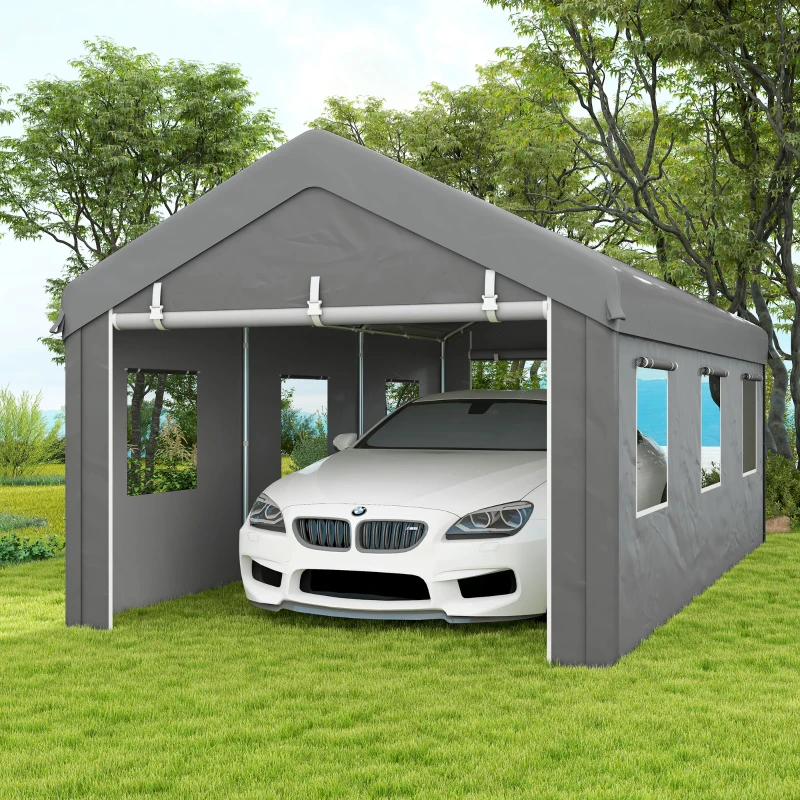 Outsunny Tenda per Auto 6L x 2,95l x 2,78H m in Acciaio Zincato e PE ad Alta Densità 160 g/m² con 2 Porte Avvolgibili e 6 Finestre, Grigio Chiaro