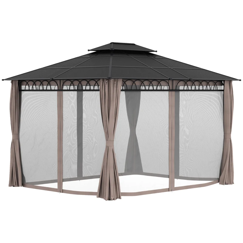 Outsunny Cenador de jardín con techo policarbonato 4 paredes laterales anti-UV mosquiteras 4x3 m