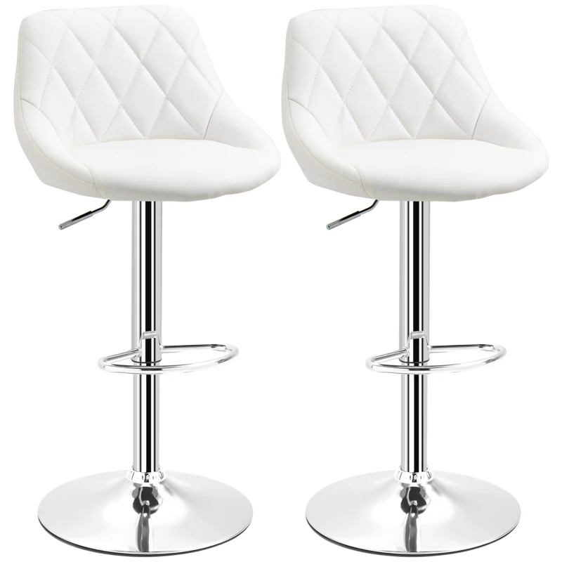 HOMCOM Set 2 Barhocker, Höhenverstellbar mit Metallfuß und PU-Ledersitz, Moderne Hocker mit Rückenlehne und Fußstütze, 46x48x83-104 cm, Weiß