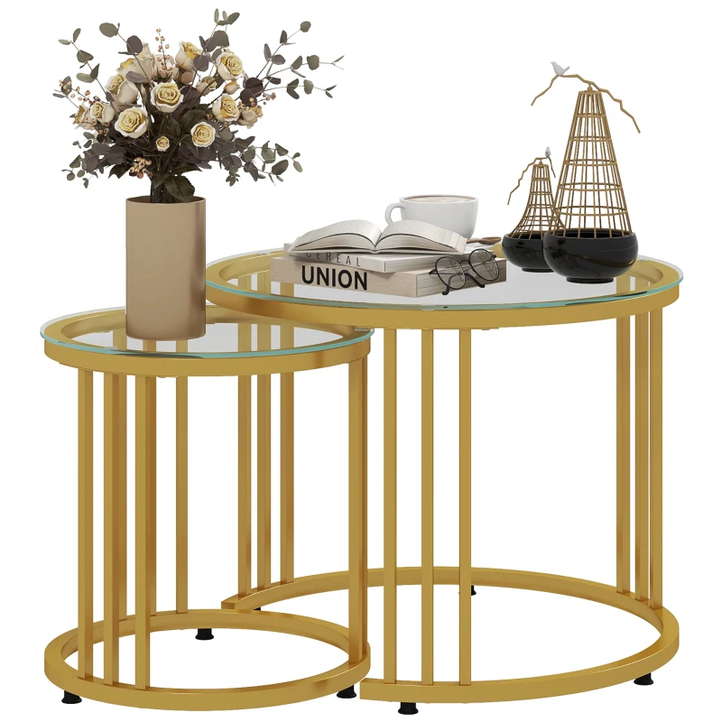 HOMCOM Set di 2 tavolini da salotto rotondi 60/40 cm piano in vetro temperato e piedi in acciaio al carbonio design moderno dorato