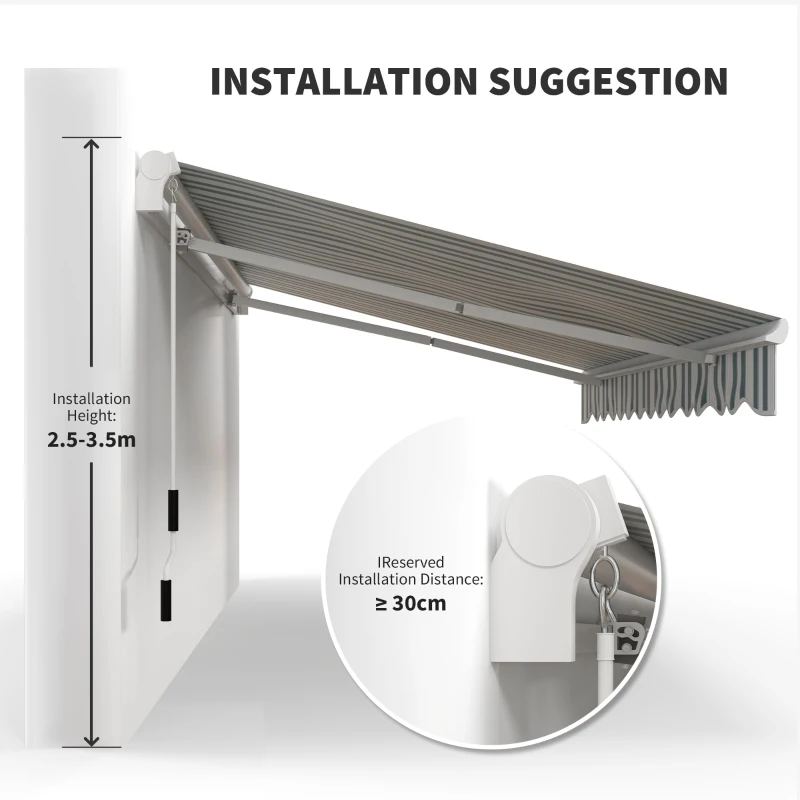Outsunny handmatige knikarmluifel 4m met handslinger balkonluifel zonwering wandmontage balkon aluminium wit + groen 395 x 245 cm