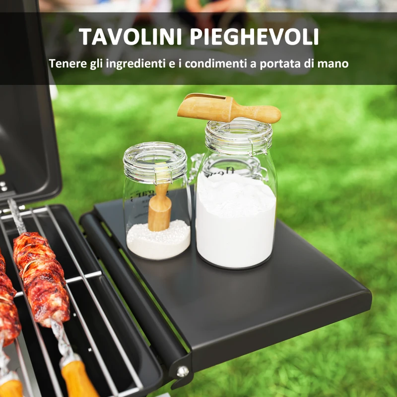 Outsunny Barbecue a Gas Portatile con 2 Bruciatori e 2 Tavolini, Coperchio con Termometro e Ruote, Nero