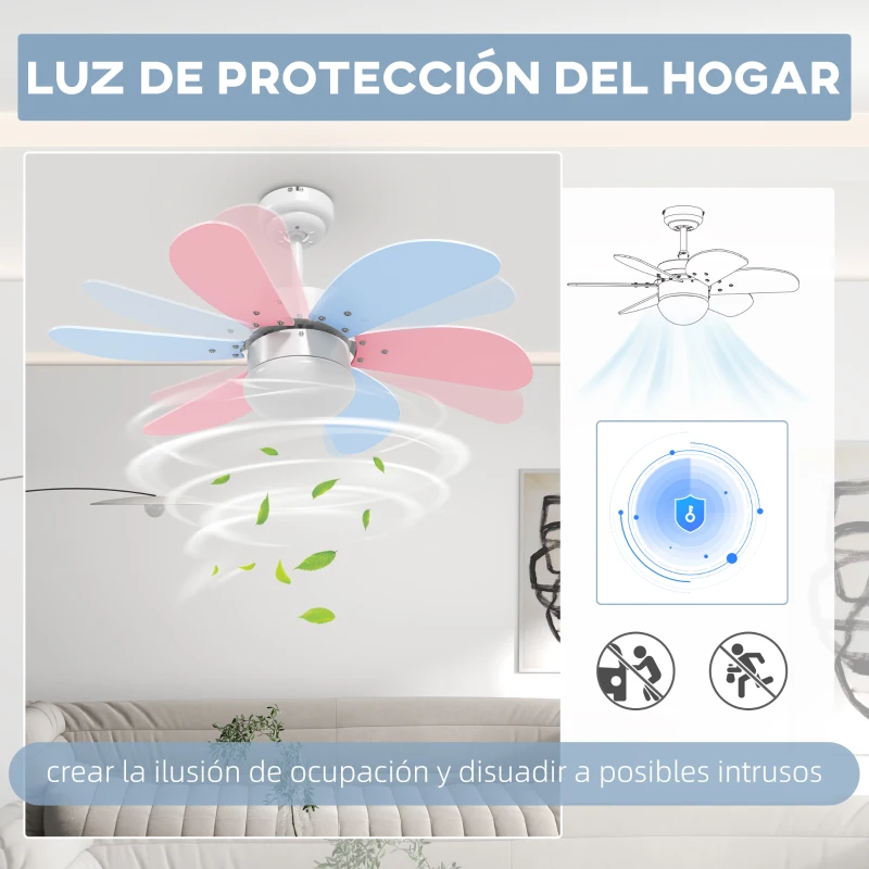 HOMCOM Ventilador de Techo con Luz 34W Ø82,5 cm Motor DC con 6 Aspas Reversibles Mando a Distancia y Temporizador Multicolor