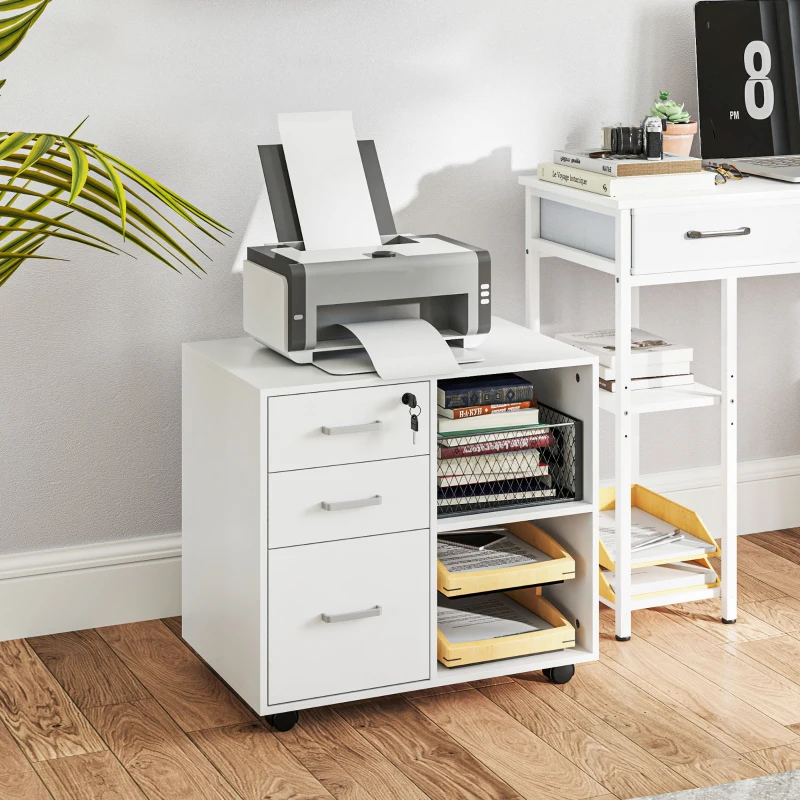 HOMCOM Bürocontainer mit 3 Schubladen, Rädern, Schloss und Schlüssel, 60x40x56 cm, Weiß