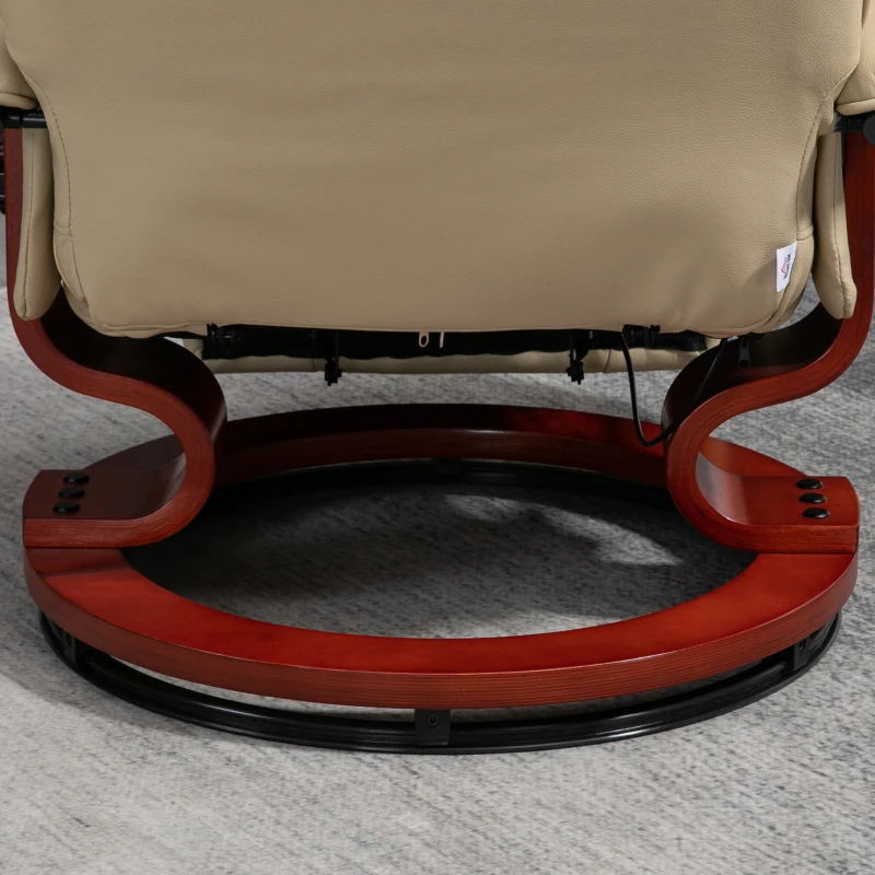 HOMCOM Poltrona Relax Reclinabile con Poggiapiedi, Regolabile, Girevole a 360°, Base in Legno, Rivestimento Sintetico, Crema