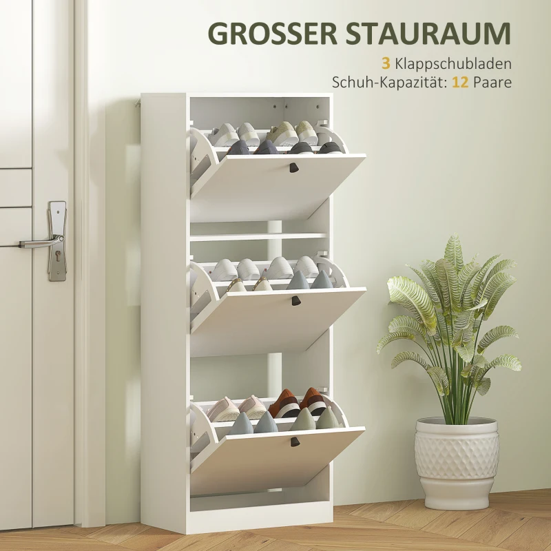 HOMCOM Schuhschrank, 3 Schubladen, für bis zu 12 Paar Schuhe, Spanplatte, Weiß(m-4)