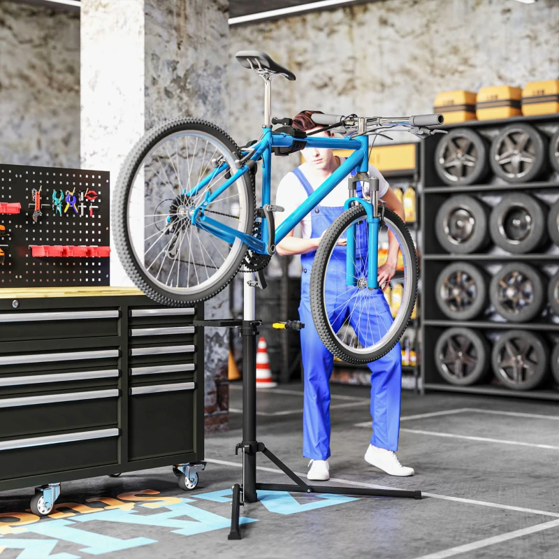 HOMCOM Soporte de Reparación para Bicicletas Plegable Altura Ajustable 107-160 cm Abrazadera Giratoria a 360° Negro