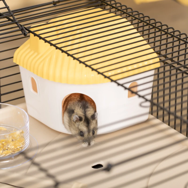 PawHut Hamsterkäfig mit Hamsterhaus, Tunnel und Laufrad, Basis mit 4 Rädern, 60x35x38,5cm, Schwarz und Hellbraun