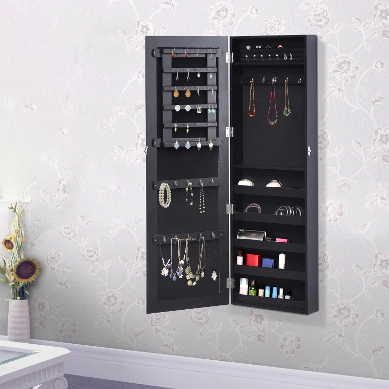 HOMCOM Armadio Portagioie Mutifunzionale con Design Contemporaneo da Parete con Specchio 37L x 10l x 112H cm Nero