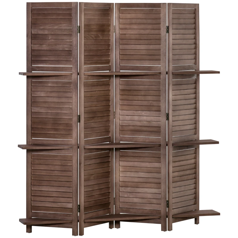 HOMCOM Paravento Interno a 4 Pannelli 162L x 170H cm 3 Ripiani Pieghevoli Separatore di Ambiente Porte a Persiana Legno di Paulownia Noce