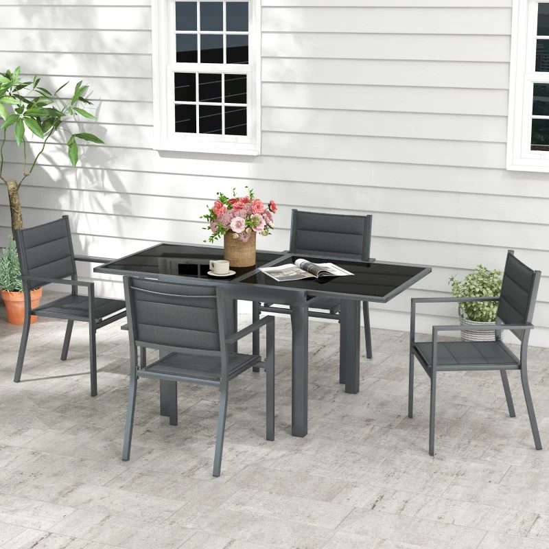 Outsunny Set da Giardino con Tavolo Estensibile e 4 Sedie Impilabili in Alluminio e Textilene, per 4 Persone, Grigio