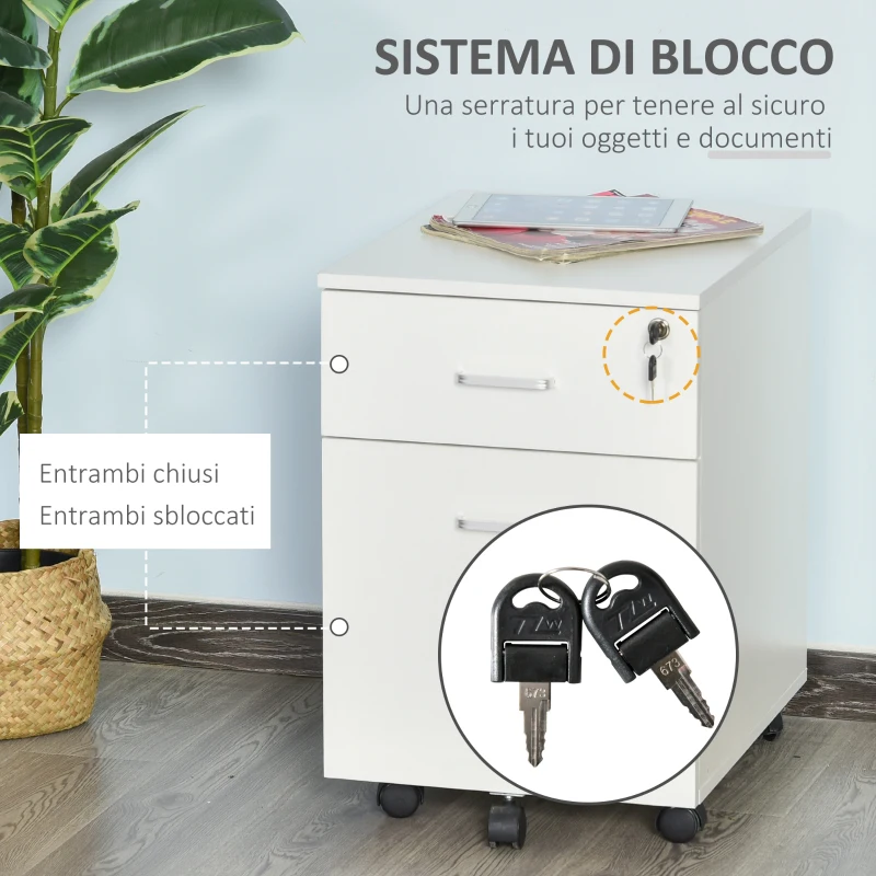 Vinsetto Cassettiera Ufficio a 2 Cassetti con Serratura e 5 Ruote, in Truciolato, 40x49x58 cm, Bianco