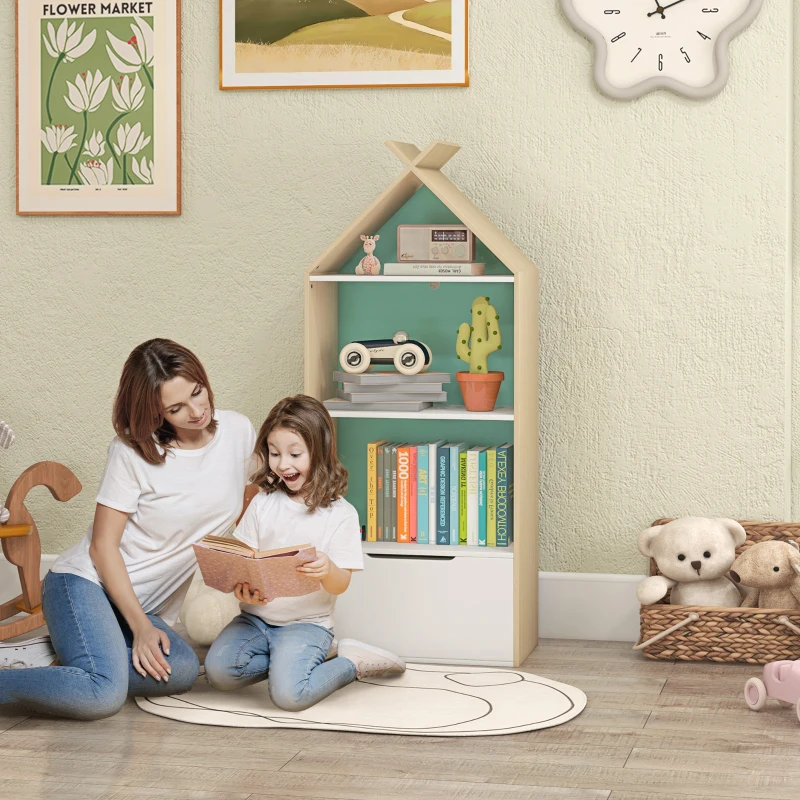 AIYAPLAY Libreria per Bambini a 3 Ripiani con Cassetto e Dispositivo Antiribaltamento, 50x30x119.5cm, Verde
