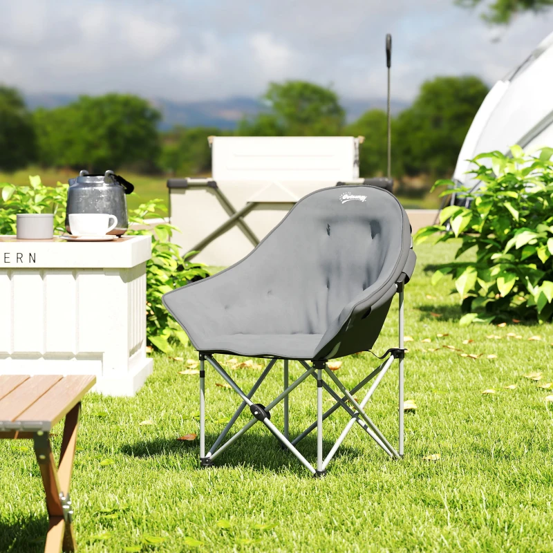 Outsunny Składane krzesło kempingowe z boczną kieszenią, torbą, poduszką do 120kg, Ciemnoszary