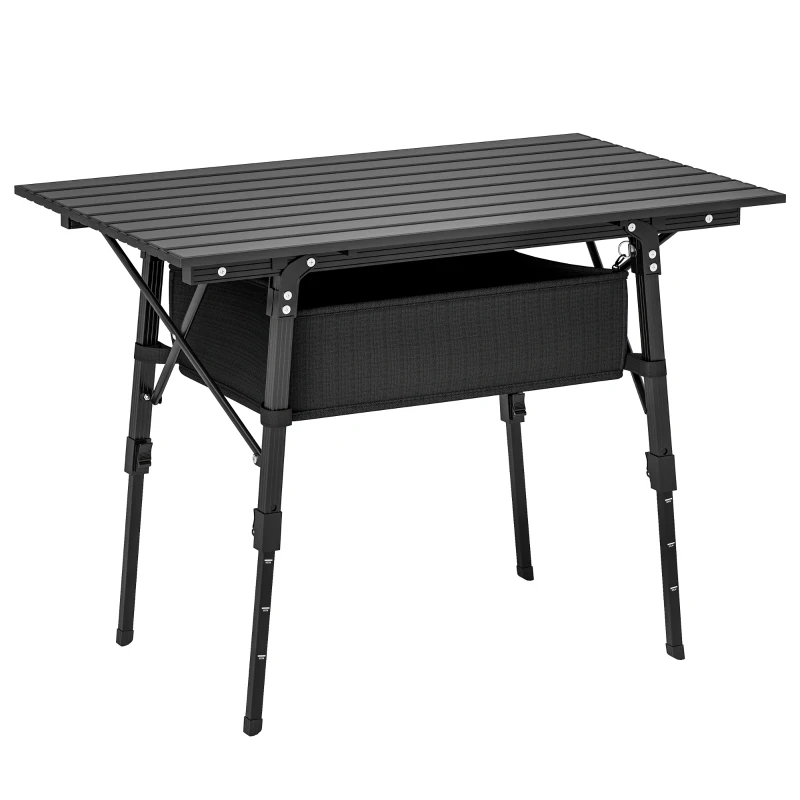 Outsunny Table de camping avec panier de rangement, ajustable en hauteur, pliable, en aluminium, noir