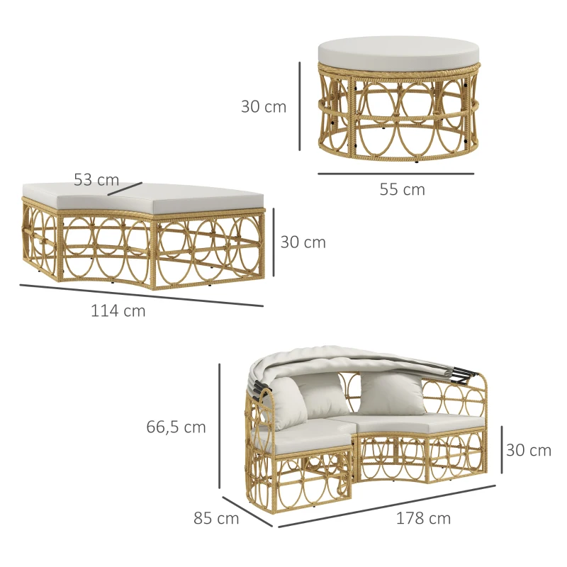 Outsunny Îlot de Soleil, 4 pièces, auvent rétractable, 5 coussins, aspect rotin, 178L x 85P x 66,5H cm, Beige