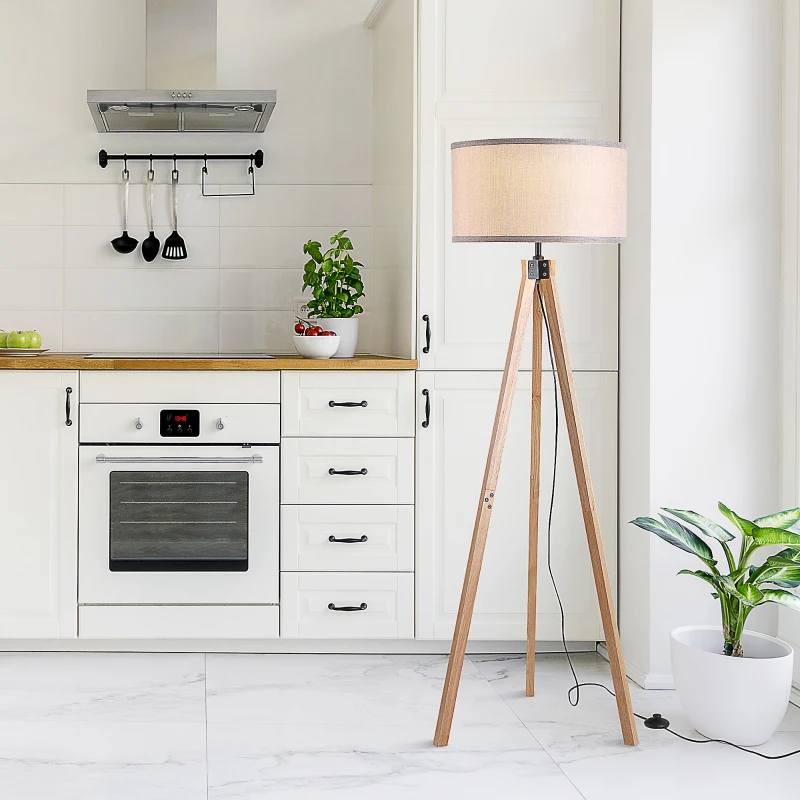 HOMCOM Lampara de Pie Trípode Estilo Escandinavo 40 W máx 45x45x152 cm madera de pino lino Beige