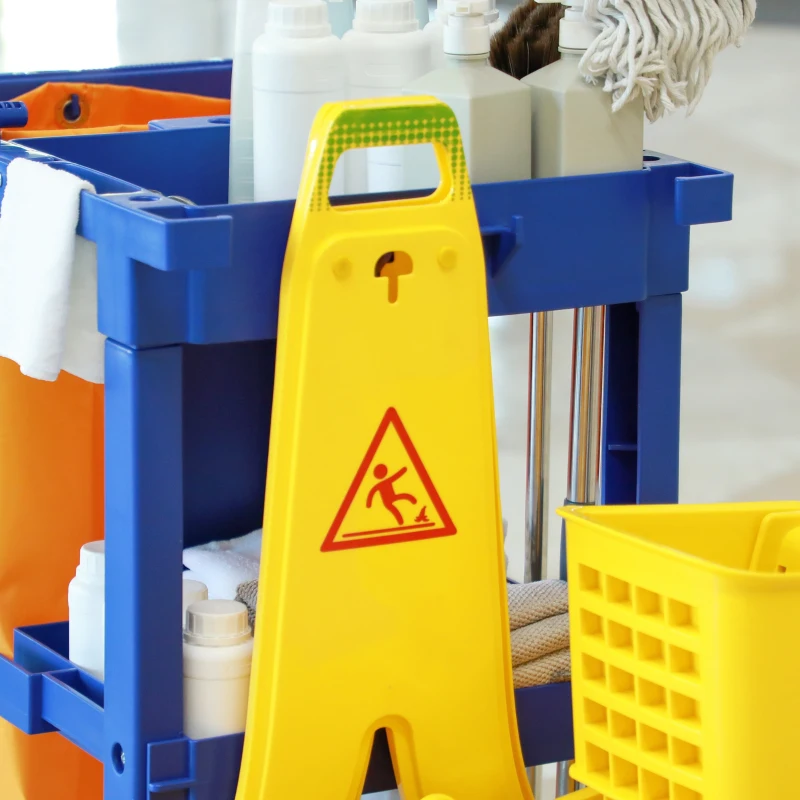 HOMCOM Chariot de Nettoyage à 3 Étagères avec Crochets et Sac de 100L, 121x50,5x96,5 cm, Bleu Jaune et Gris