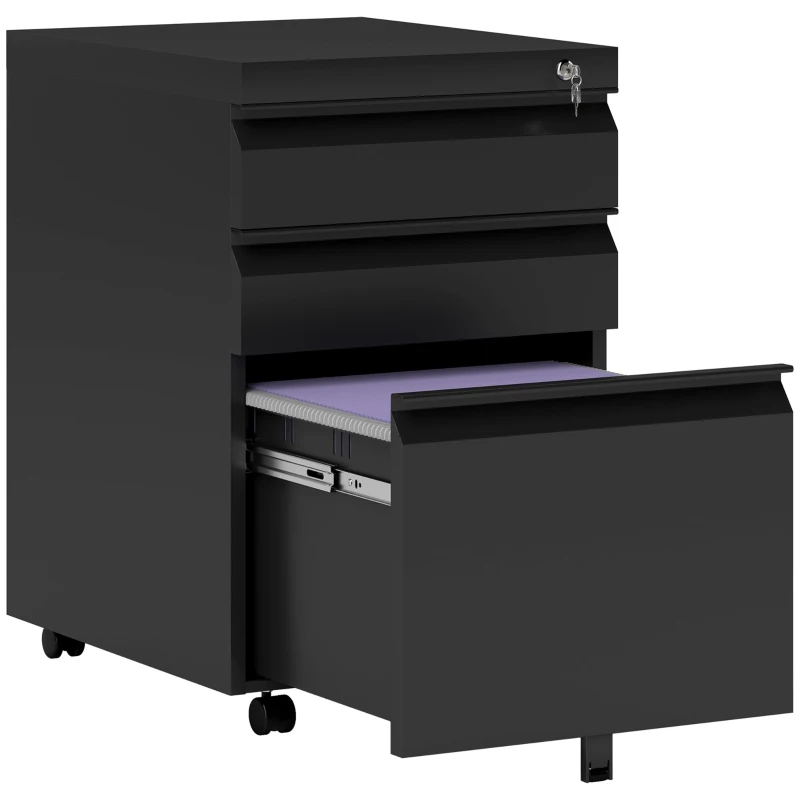 HOMCOM Mobiletto per ufficio con ruote, 3 cassetti bloccabili, 39 x 48 x 60 cm nero