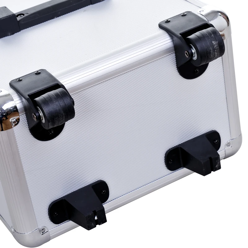 HOMCOM Schminkkoffer 2-in-1 mit auf 3 Höhen einstellbarem Griff und Rollen, professioneller Make-up-Trolley aus Aluminium, 35,5x23x105 cm, Silber