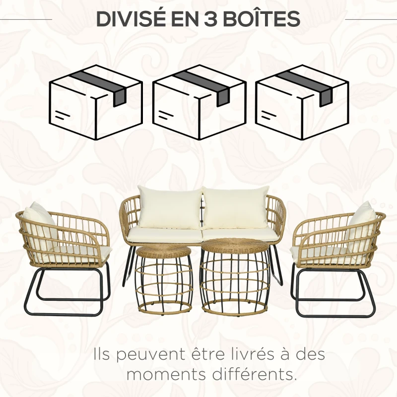 Outsunny Set Salotto da Giardino, Mobili da Esterno da 4 Posti, con 2 Poltrone, 1 Divano da 2 Posti e 2 Tavolini, Cuscini Inclusi, Beige