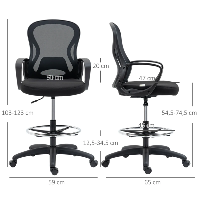 Vinsetto Silla de Oficina con Asiento Alto y Reposapiés Ajustable en Malla Altura Regulable Giratoria Negro