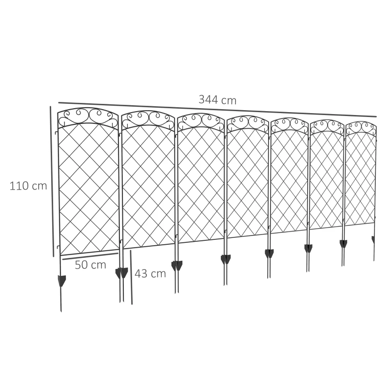 Outsunny Lote de 7 vallas de jardín decorativas de metal con ornamentos - 344x110 cm Negro