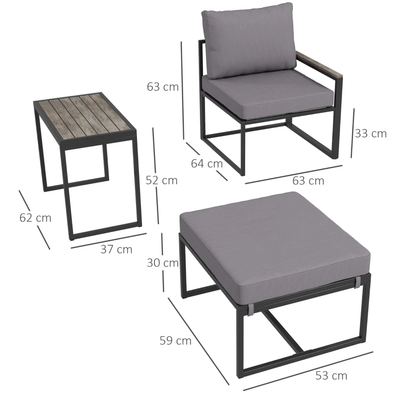 Outsunny Ensemble de mobilier de jardin en acier pour 2 personnes résistant aux intempéries Ensemble de meubles de balcon avec 2 fauteuils Coussins de siège Table basse Gris