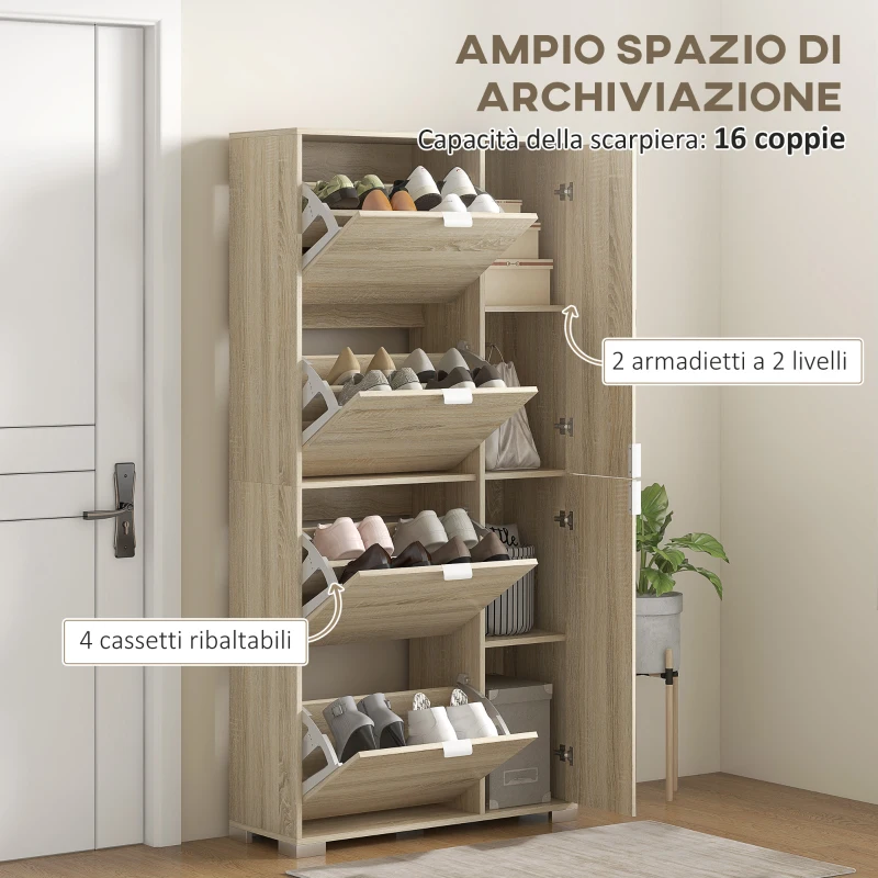 HOMCOM Scarpiera con Specchio per 16 Paia di Scarpe, 4 Cassetti a Ribalta e 2 Armadietti, 82x30x168cm, Rovere(m-5)