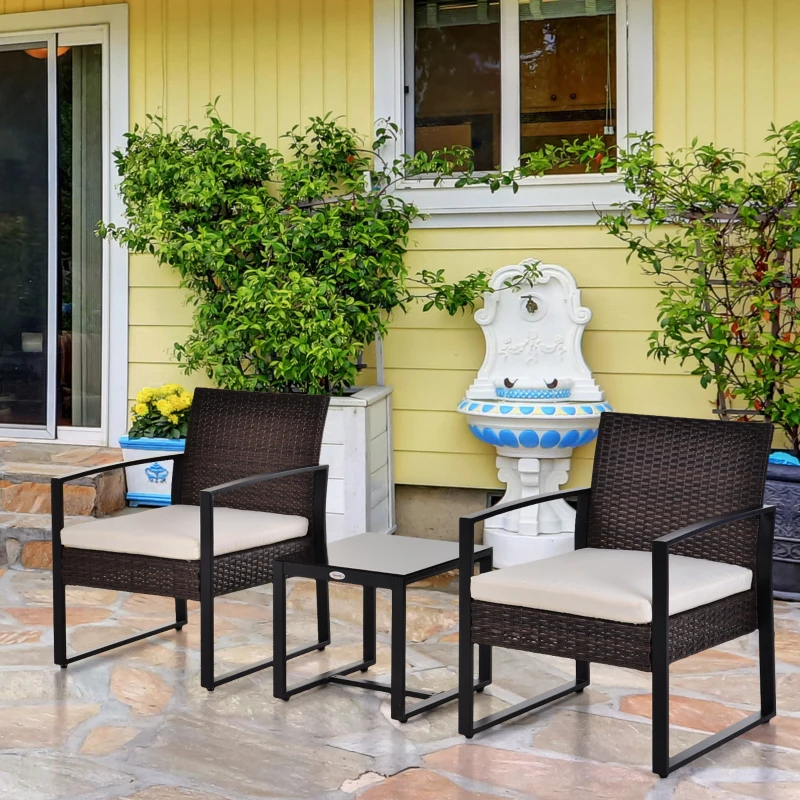 Outsunny Set Giardino in Rattan Polyrattan per 2 Persone, Set da Balcone con Cuscini, Marrone e Crema