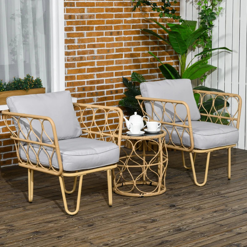 Outsunny Set da Giardino in Rattan da 3 Pezzi con 2 Poltrone e 1 Tavolino Rotondo, Cuscini Inclusi, Kaki