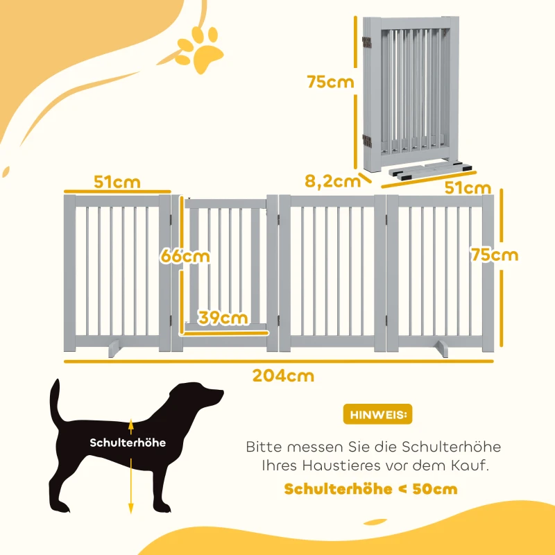 PawHut Barrera de protección para perros independiente, 4 paneles, flexible, madera de pino, 204x36x75 cm, Grisclaro